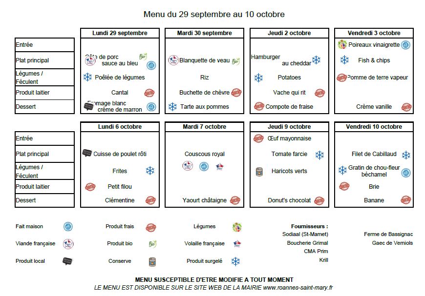 Menu du 29 septembre au 10 octobre